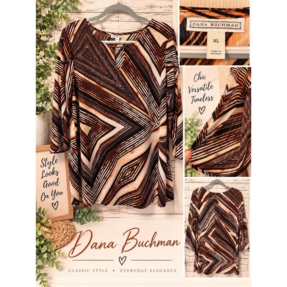 Dana Buchman Women XL Brown Geometric Chevron Keyhole 3/4 Split Sleeve Top